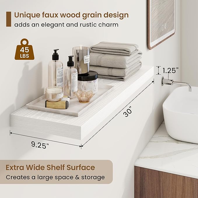 30in Floating Shelves for Wall, 30"W x 9.25"D x 1.25"H, 2 Pack Long Wall Mounted Engineered Wood Shelves with Invisible Brackets for Living Room, Bedroom, Bathroom, Kitchen Decor and Storage, White