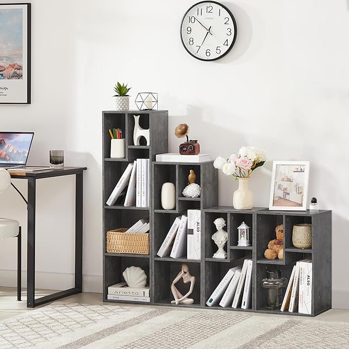 VECELO 3-Tier Small Bookcase, 4 Cube Bookshelf with Height Difference Shelves for Most Books, Modern Floor Standing Unit, Each Shelf Hold Up to 66 LBS for Living Room Bedroom, Grey
