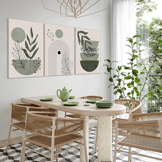 3Pcs Framed Boho Wall Art Sage Green Wall Decor Posters & Prints Minimalist Geometric Line Leaf Sun Moon Beige Canvas Artwork Paintings Room Bedroom Bathroom Office 16x24inch Ready to hang