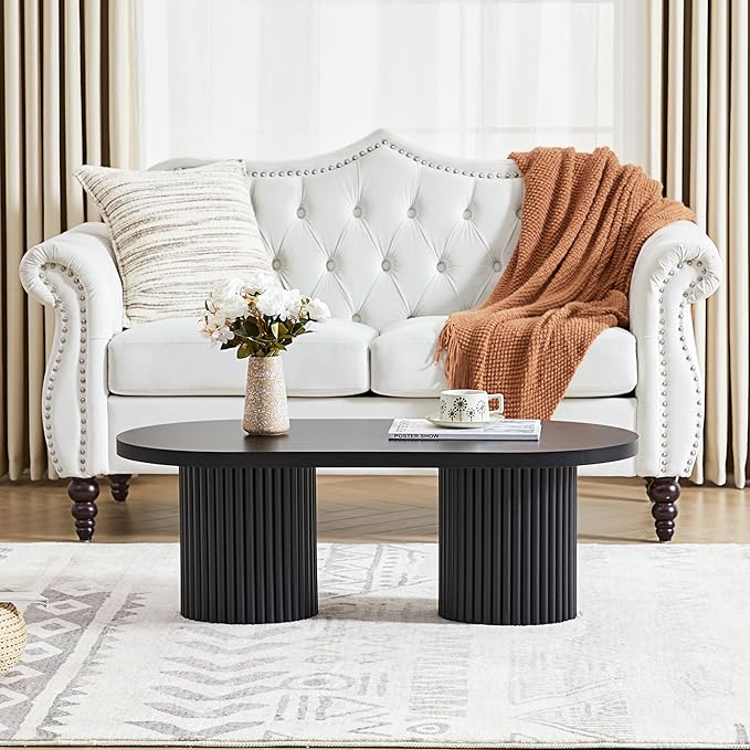 Oval Fluted Coffee Table, Farmhouse Wood Coffee Table Mid Century Modern Center Table Boho Living Room Tables for Living Room Office (Black, 19.69" D x 39.38" W x 13.78" H)
