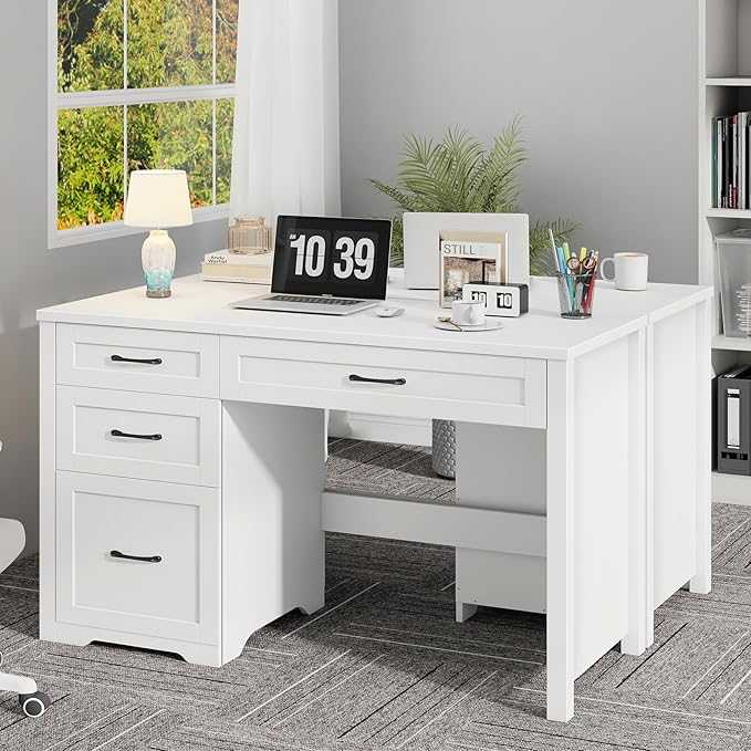Farmhouse 47" Executive Desk with File Drawer, Wood Computer Desk with 3 Storage Drawers, Workstation for Home Office, Study, Writing（White