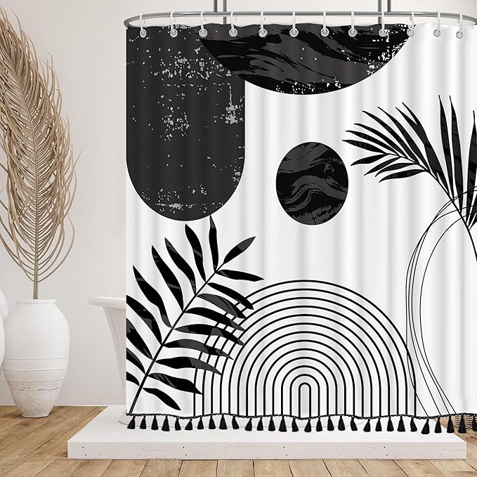 Boho Mid Century Leaf Shower Curtain Set,Arch Sun Design,Minimalistic Leaves Pattern,Waterproof and Luxurious Fabric-12 Hooks(Black-72" x 84")