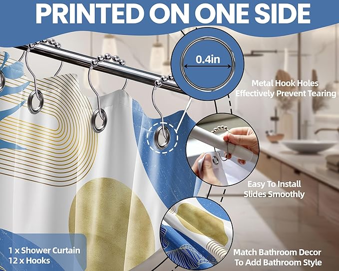 Light Blue and Gold Shower Curtain Boho Blue and White Shower Curtains for Bathroom Decor Mid Century Modern Bath Curtain Set, Waterproof Fabric with Hooks 60 x 72 Inch
