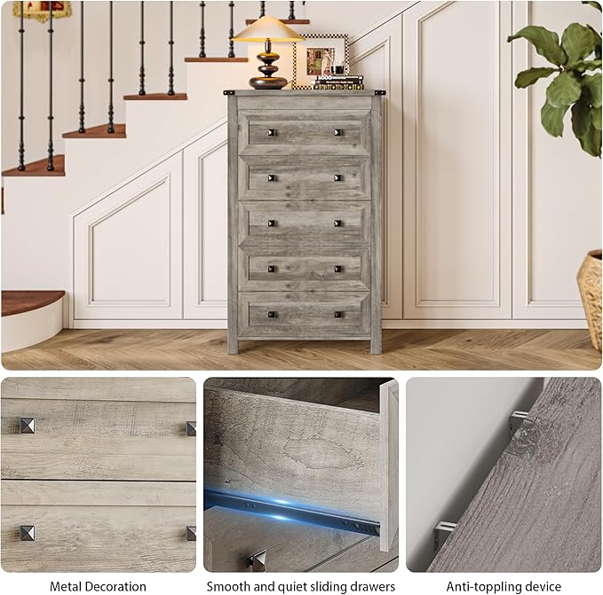 Grey Dresser Tall 5 Drawer Dresser for Bedroom, Wooden Dressers & Chests of Drawers with Metal Handles, Modern Storage Cabinet and Organizer Drawers for Living Room, Hallway, Gray