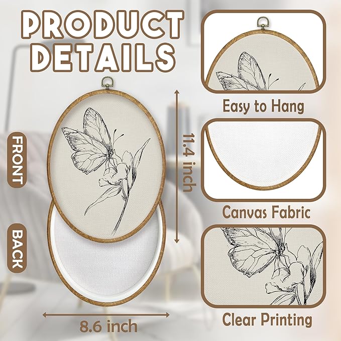 CGBHW Butterfly Floral Oval Wall Art Decor, Rustic Flora Canvas Prints Framed, Neutral Retro Farmhouse Botanical Wall Art Hanging Decor for Home Gallery Bedroom Living Room Decorations, 8.6x11.4 Inch