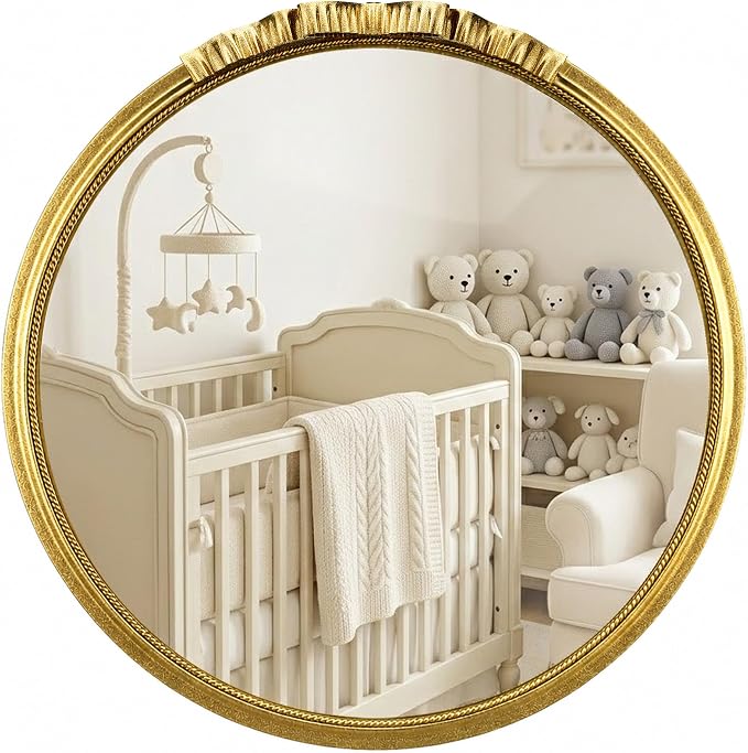 Vintage Gold Elegant French Bow Round Wall Mirror 28" | Ribbon & Beaded Metal Frame, Antique Decorative Wall Mirror, for Nursery, Girls Room, Bedroom