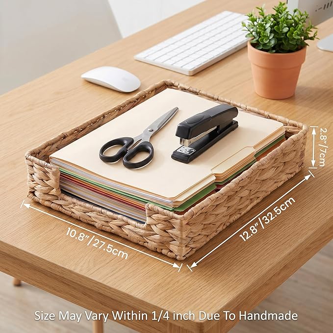 Letter Tray Water Hyacinth,Wicker Desk Organizer for Office Supplies, Mail, A4 Paper File, Magazine,Jewelry Cosmetics, Paper Holder Storage Basket for Office, School, and Workspace