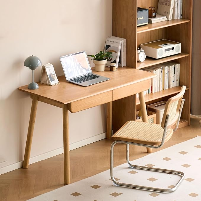 Solid Wood Desk, Mid Century Modern Home Office Desk, Computer Desk with Drawer for Writing Study Vanity 41.33" W