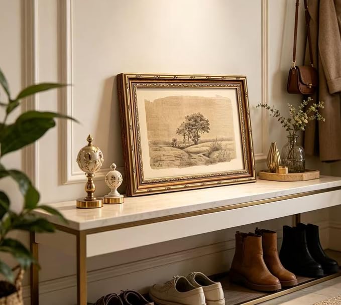 Vintage Gold Framed Sepia Country Landscape Sketch Wall Art, Rustic Tree Grove Canvas Prints, Antique Rural Path Drawing Poster Artwork for Modern Farmhouse Living Room Office Wall Decor，16x24in
