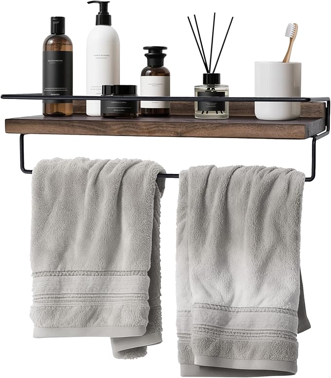 Floating Shelves with Towel Bar - Natural Walnut Hanging Shelf, Wall Mounted Shelving with Metal Frame for Kitchen, Coffee Bar, Entryway, Bedroom