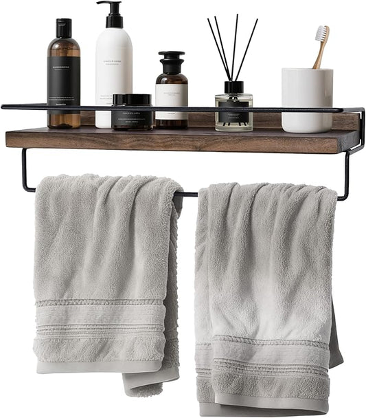Floating Shelves with Towel Bar - Natural Walnut Hanging Shelf, Wall Mounted Shelving with Metal Frame for Kitchen, Coffee Bar, Entryway, Bedroom