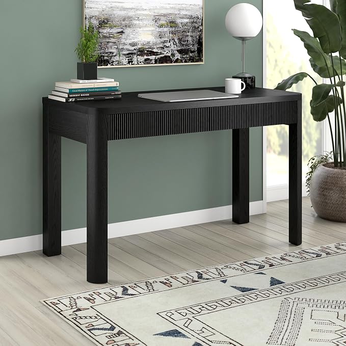 Henn&Hart 48" Fluted Modern Rectangular Wooden Home Office Desk Computer Desk Writing Table with 2 Ribbed Storage Drawers for Bedroom, Living Room, or Home Office, Natural Black