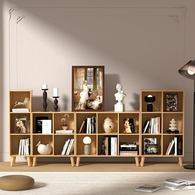 6 Cube Storage Organizer with Legs, 2 Tier Cube Low Horizontal Bookcase Freestanding Storage Display Organizer for Home Office, Six-Cubes Unit Open Shelf Bookshelf (Natural Oak,6 Cube)