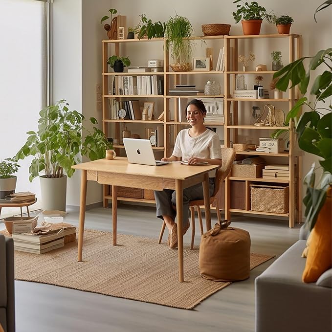 100% Solid Oak Wood Home Office Desk, Writing Computer Desk with Drawer Mid Century Modern Desk for Home Office Sturdy Writing 31.49" W
