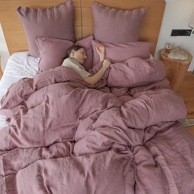 Simple&Opulence 100% Linen Duvet Cover Set 3pcs with Coconut Button Closure Natural French Washed Flax Solid Color Soft Breathable Farmhouse Bedding - Purple, Full Size