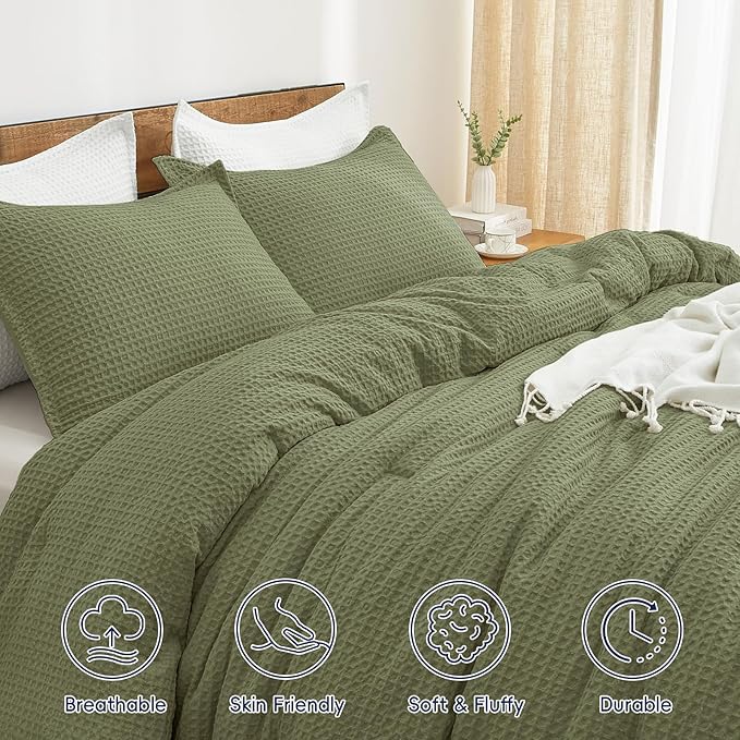 PHF Ultra Soft Waffle Weave Comforter Set King Size, 3 Pieces Lightweight Breathable Comfy Bedding Set, Comfy Textured 1 Comforter with 2 Pillow Shams, Olive Green
