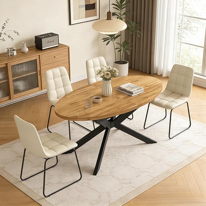 63"-78.7" Extendable Round Dining Table Set for 4, 5 Piece Mid Century Modern Oval Kitchen Table Set, Large Dining Table with 4 Dining Chairs for Living Room Space Saving（Walnut Table+4 Beige Chairs)