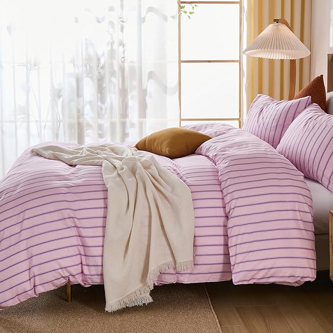Merryword 100% Cotton Duvet Cover Set King Size - Pink & Purple Striped Bedding Set with Zipper & Corner Ties, 3-Piece Luxury & Silky Soft Bedding Set for All Seasons