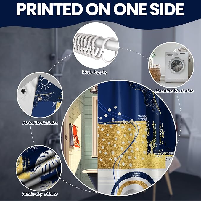 Extra Long Shower Curtain 96 Inchs Extra Tall Blue and White XL Navy Blue and Gold Abstract Shower Curtains for Large Bathroom Decor Sets, Waterproof Cloth Fabric with Hooks, 70 x 96 Inch