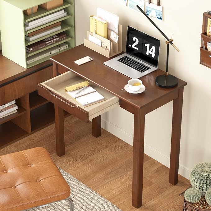 Solid Wooden Desk with Drawers - 32 x 16 Inch Vintage Narrow Desks, Mid Century Modern Desks, Rubber Wood Study Table, Small Writing Desk for Bedroom|Small Spaces - Walnut Color