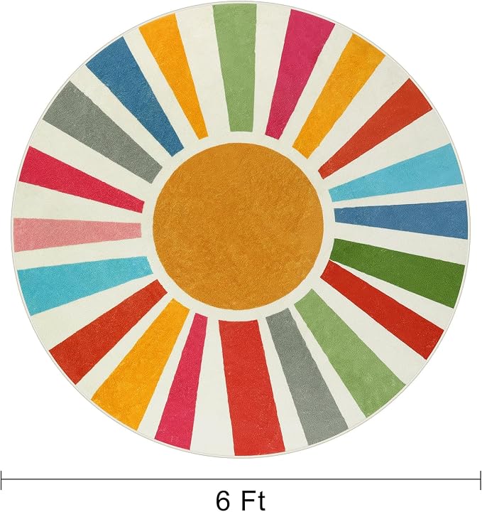 STARUIA Round Boho Rug 6 Ft Washable Round Area Rug for Playroom, Sunshine Circle Rug for Kids Room, Non-Slip Circluar Rainbow Carpet Soft Large Kids Rug for Classroom Dorm Bedroom