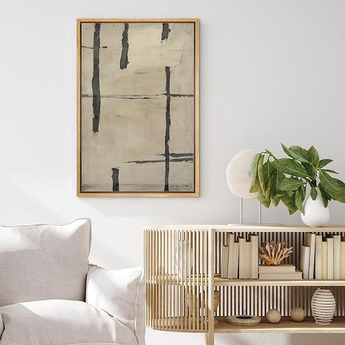 MUDECOR Framed Canvas Print Wall Art Black & Beige Brushstroke Abstract Illustrations Fine Art Mid-Century Modern Multicolor for Living Room, Bedroom, Office - 24"x36" NATURAL