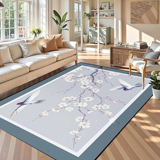 Cherry Blossom Area Rug 3D Swallow Sakura Floral Rugs for Entryway Bedroom Living Room Kitchen Home Decor Soft Non Slip Indoor Carpet Washable Low Pile Floor Mat,6'x9'