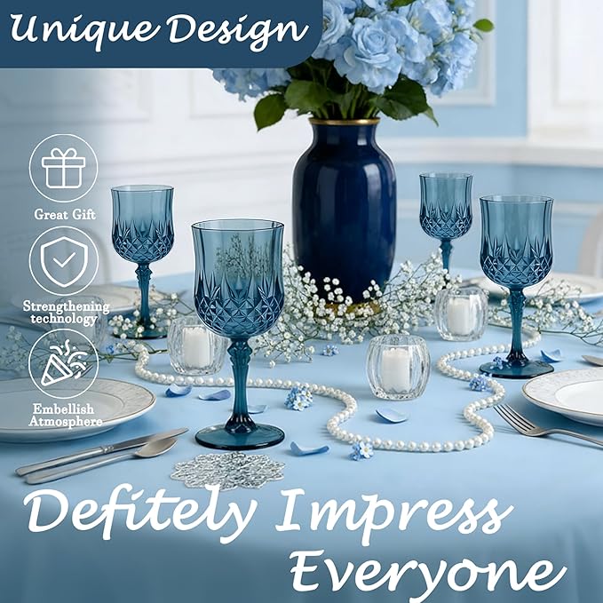 Plastic Wine Glasses, Plastic Goblets Vintage Style Cordial Drinking Glasses for Valentine’s Day, Wedding Reception, Grand Event Party Supplies (24, Navy Blue)