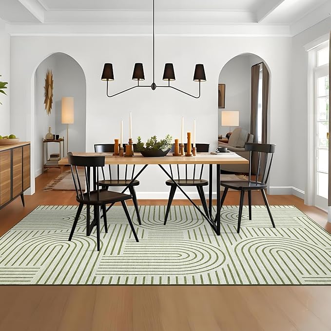 Washable Rug 5x7 Area Rugs for Living Room, Abstract Rug for Bedroom, Soft Rainbow Non Slip Throw Rugs with Rubber Back, Low Pile Stain Resistant Boho Geometric Carpet for Dining Room, Green
