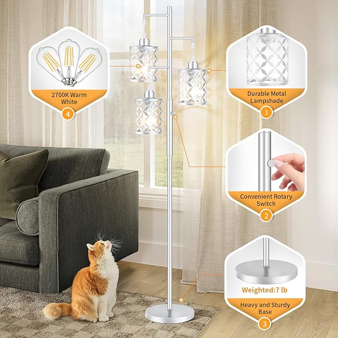 Dimmable Floor Lamp, Farmhouse Standing Lamp with Elegant Metal Cages, Industrial Tall Tree Floor Lamps for Living Room, Bedroom, Study Room, Office, 2000LM LED Bulbs Included -68", Silver