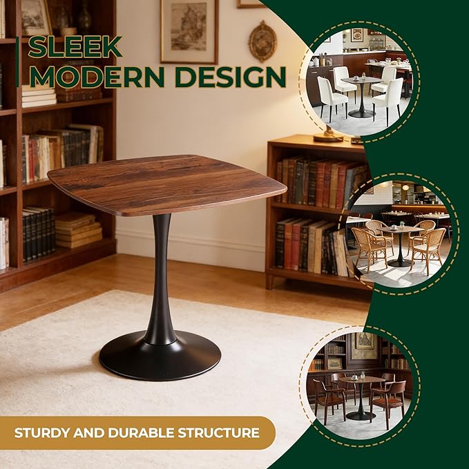 31.5" Walnut Tulip Table, Square Dining Table for 4, Mid Century Walnut Kitchen Table with Metal Pedestal for Cafe, Living Room, Small Space
