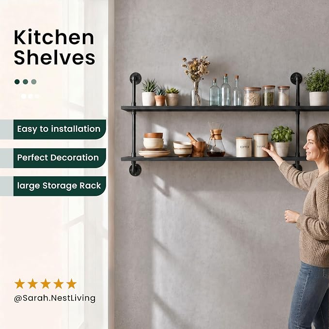 HDDFER Floating Shelves Wall Bookshelf Industrial Pipe Shelving Shelves Real Wood Planks 70 inch Rustic Wall Shelves Hanging Bookshelves Farmhouse Kitchen Bar Shelving