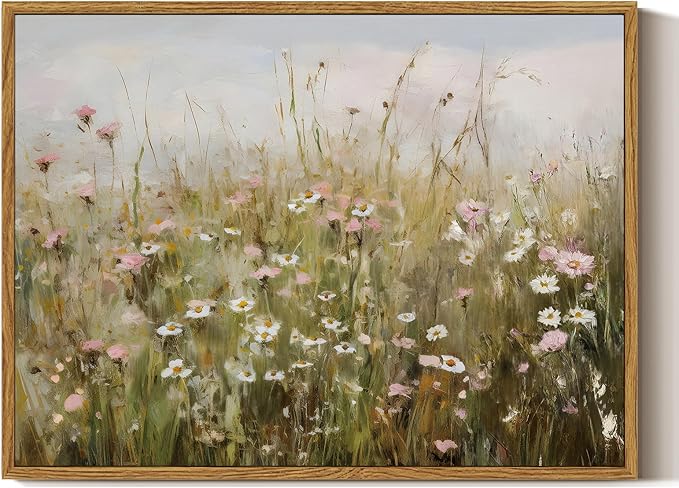ARPEOTCY Vintage Framed Canvas Wall Art, Pink & White Daisies Landscape Wall Art for Living Room Office Bedroom, Retro Farmhouse Kitchen Bathroom Wall Art Decor(12x16 Inch)