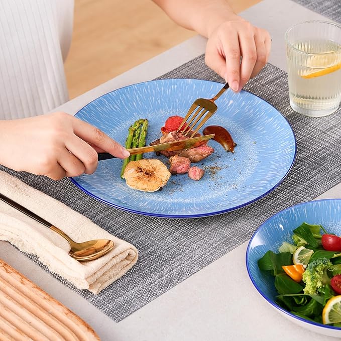 Bestone 12-Piece Round Porcelain Dinnerware Set, Service for 4, Chip Resistant Plates and Bowls,Blue, Dishwasher & Microwave Safe for Home Daily Use
