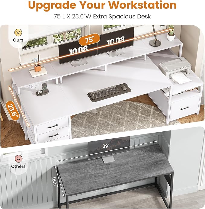 SEDETA White Computer Desk with 5 Drawer & Power Outlet, 75'' Home Office Desk with File Drawer, Storage Shelves, Printer Cabinet and Monitor Shelf, Gaming Desk with Led Lights, 23.6" W Desktop
