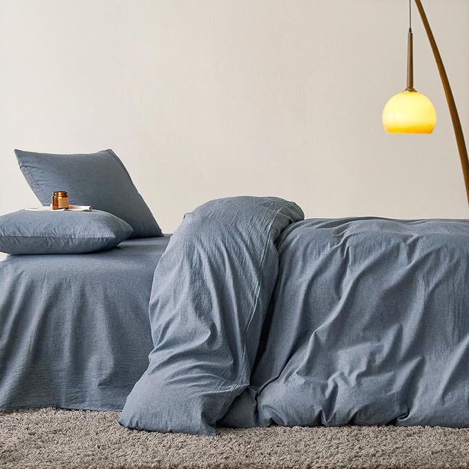 Wake In Cloud - Cotton Duvet Cover Set, 100% Washed Cotton, Linen Like Textured, Breathable Durable Comfy Farmhouse Neutral Bedding Set, 3 Pieces, Denim Blue, Queen Size