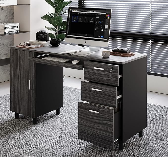 Modern Design Venice Computer Desk with Lockable Drawers, 53 Inch Home Office Desk with Storage Cabinet, Keyboard Tray & Cable Management, Modern Study Writing Desk for Small Spaces, Black and Grey