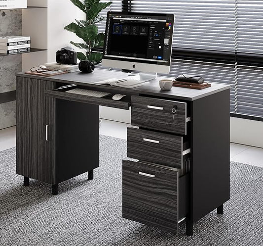 Modern Design Venice Computer Desk with Lockable Drawers, 53 Inch Home Office Desk with Storage Cabinet, Keyboard Tray & Cable Management, Modern Study Writing Desk for Small Spaces, Black and Grey