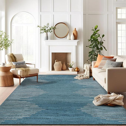 Rugshop Bohemian Stripe Stain Resistant High Traffic Living Room Kitchen Bedroom Dining Home Office Area Rug 7'10" x 10' Blue