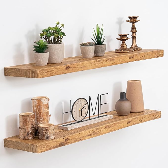 Extra Deep 32" Long Live Edge Rustic Floating Shelves for Wall, Solid Wood Wall Shelves with Invisible Bracket Mount for Living Room Bathroom Bedroom Kitchen, Set of 2, Natural
