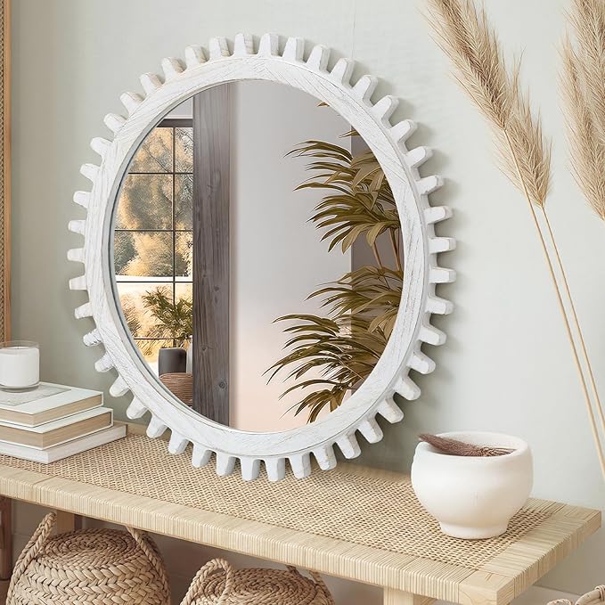 ULIKE Round Rustic Wood Mirror for Bathroom, Farmhouse Mirror with Wood Frame, 24x24 Inch White Vanity Mirrors for Wall Decor of Bedroom Living Room Entryway
