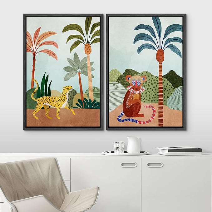 IDEA4WALL Framed Canvas Print Wall Art Set Wild Tropical Jungle Safari Cheetah & Monkey Nature Wilderness Digital Art Modern Art Decorative Animal for Living Room, Bedroom, Office - 24"x36"x2 Black