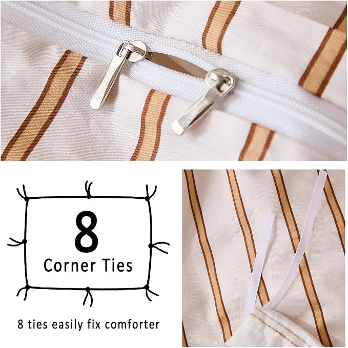 Merryword Striped Duvet Cover Set King Size 3 Pieces 100% Cotton Duvet Cover Set with Beige and Terracotta Vertical Stripe Design,Soft Lightweight Reversible Bedding Set for All Seasons