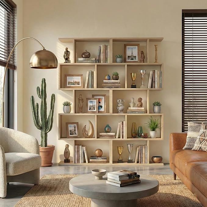 5-Tier Geometric Bookcase (Set of 2), 62.6" Tall S-Shaped Bookshelf & Room Divider, Modern Oak Freestanding Display Shelving Unit for Living Room, Hallway, Home Office