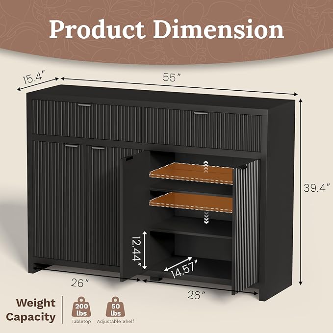 55" W Fluted Buffet Cabinet with Storage Accent Sideboard with 2 Drawers & 4 Doors,Wood Media Console Coffee Bar Table with Adjustable Shelves for Living Room,Kitchen and Dining Room