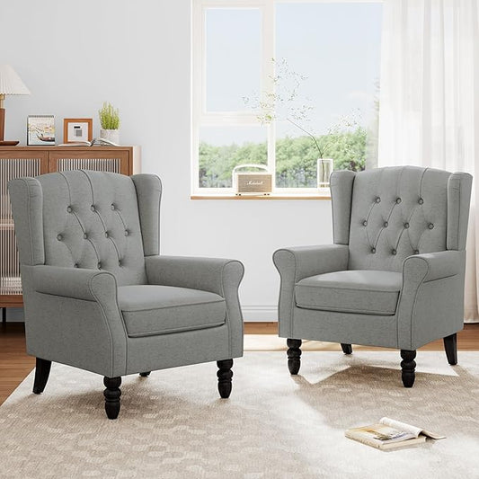 Accent Chairs Set of 2, High Back Upholstered Chair with Button Tufted, Mid-Century Modern Comfy Wingback Chair Reading Armchair in Fabric for Living Room for Bedroom, Office-Light Gray