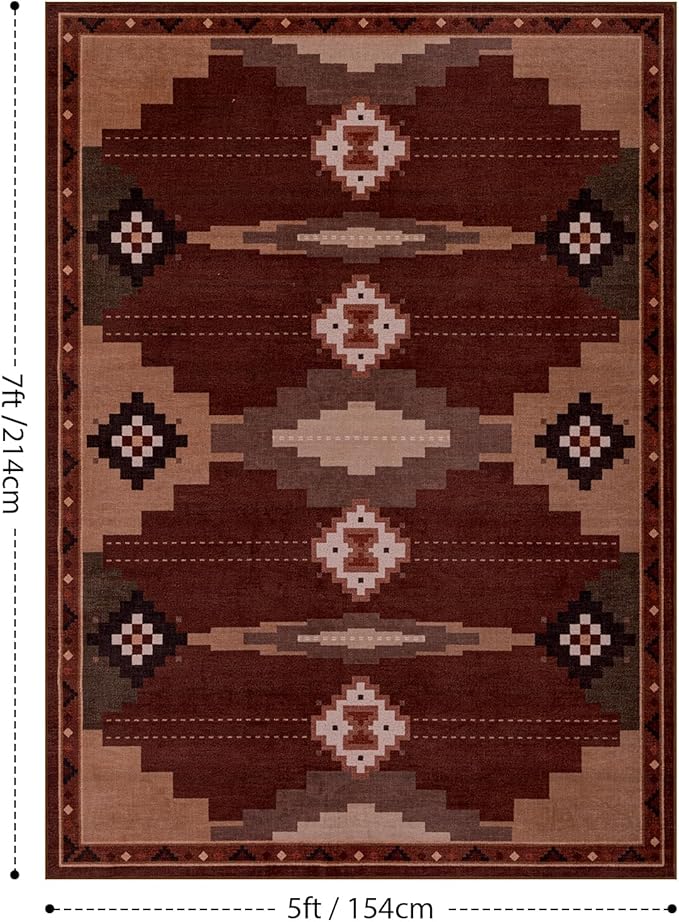 YIHOUSE Southwestern Rustic 5x7 Area Rug, Mid Century Modern Rug Soft Non-Slip Washable Navajo Rugs for Living Room, Bedroom, Dining Room (Brown/Red, 5'x7')