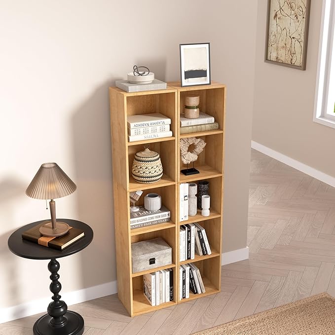 5-Tier Wooden Cube Storage Organizer, 52 Inch Tall Bookcase & Display Shelf with 5 Open Cubes, Freestanding DIY Closet Shelving Unit for Living Room Bedroom Office (Oak, 5 Cube-W(11.8inch)