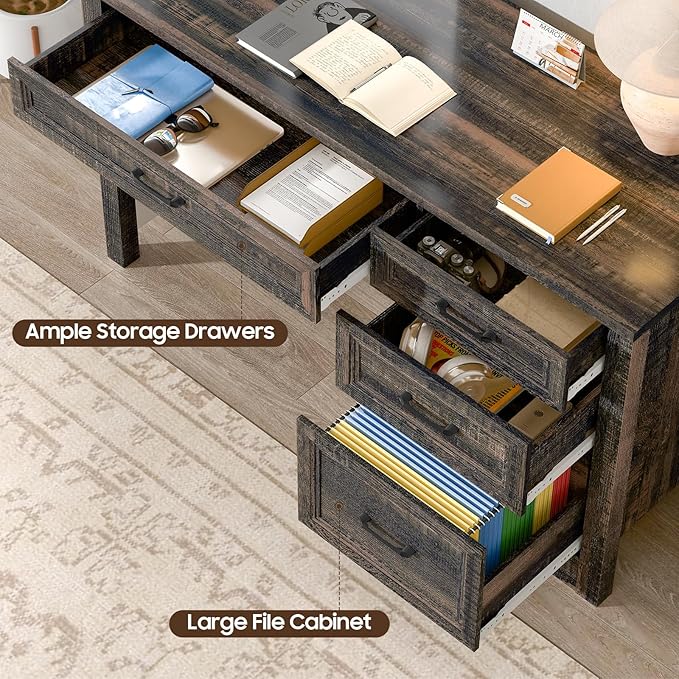 Vabches Farmhouse Executive Desk with Storage and Ample File Drawer, Rustic Large Home Writing Desk for Bedroom, Dark Oak