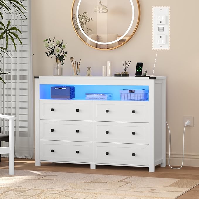 White Dresser 6 Drawer Dressers for Bedroom with LED Lights, Charging Station, Wood Chest of Drawers with Metal Handles, Modern TV Stand Storage Cabinet for Living Room, Hallway, Entryway